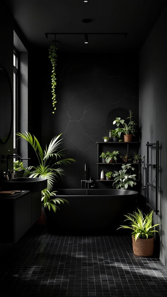 A modern black bathroom featuring various houseplants, a sleek black bathtub, and dark tiles.