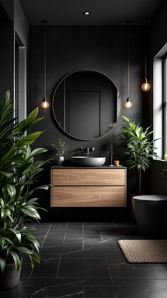 A stylish black floor bathroom with plants, a wooden vanity, and modern fixtures.