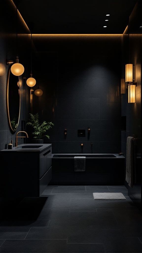 A modern black bathroom with innovative lighting solutions, featuring pendant lights, wall sconces, and a backlit mirror.