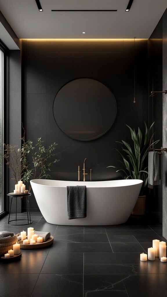 A modern black floor bathroom featuring a freestanding tub, candles, and plants.