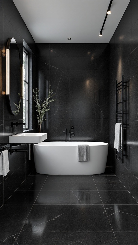 A modern black bathroom featuring luxurious matte black tiles, a white bathtub, and stylish fixtures.