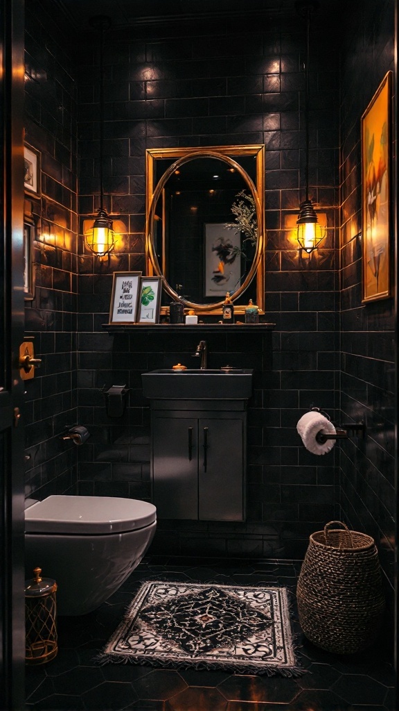 A stylish black floor bathroom with elegant decor and warm lighting.