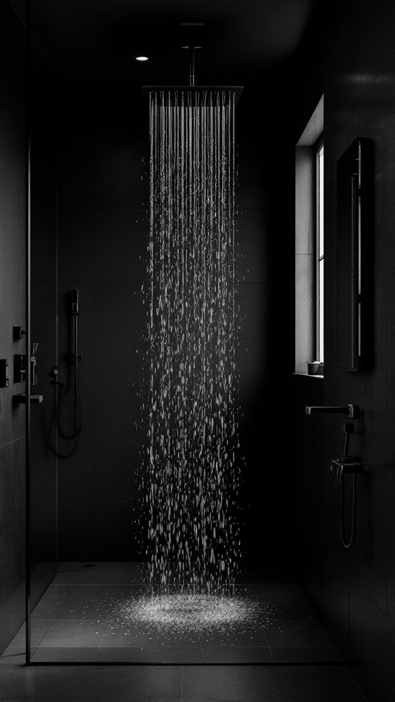 A modern black shower with a rain showerhead and minimalist design