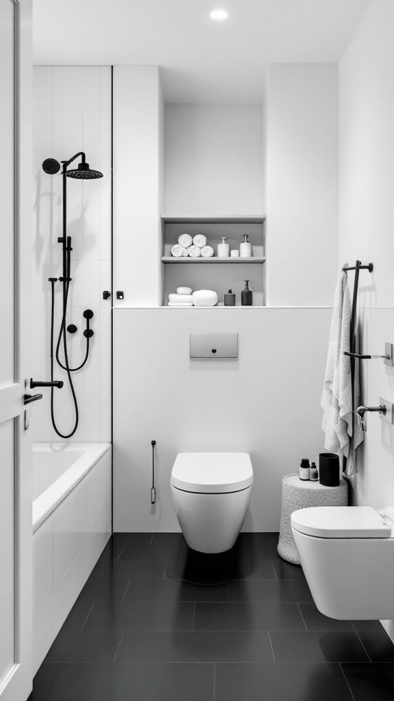 A minimalist black floor bathroom featuring sleek storage solutions.