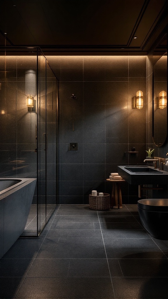 Modern black floor bathroom with sleek design and smart lighting