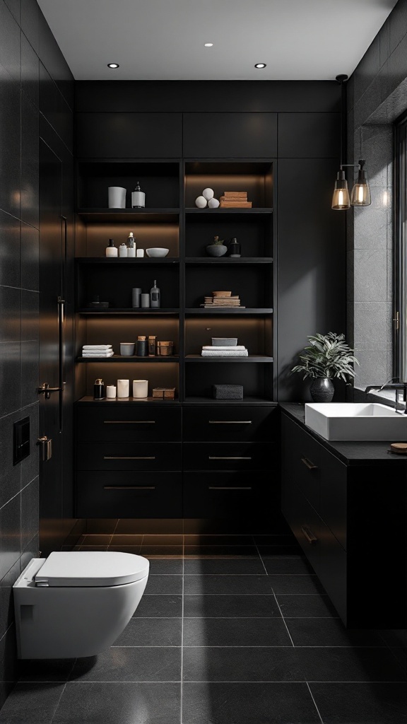 Modern black bathroom with sleek cabinets and smart storage solutions