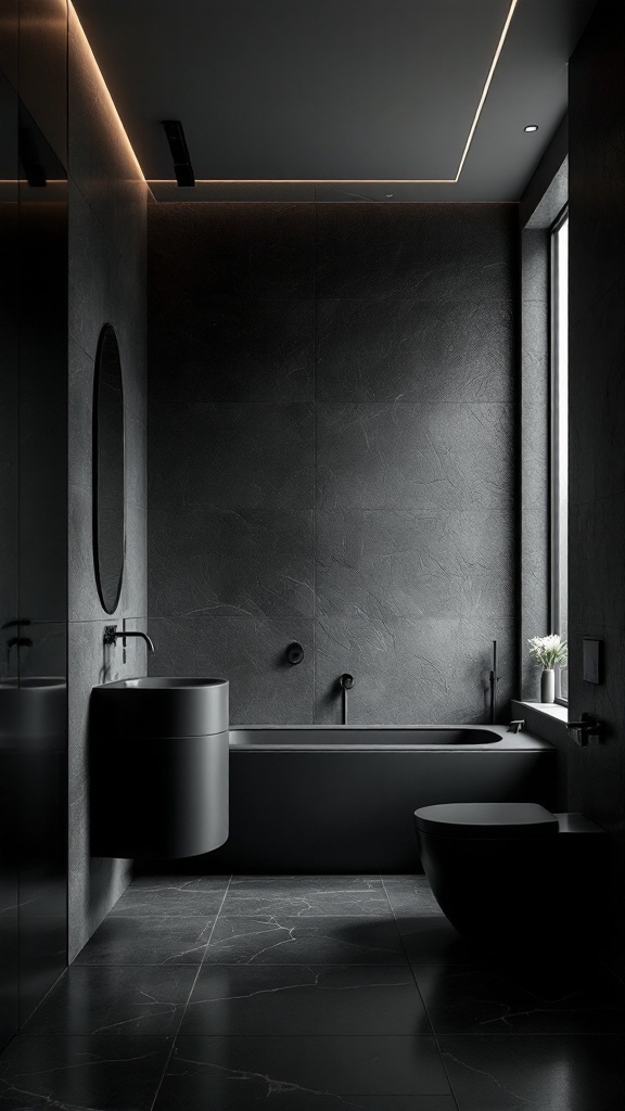 A modern black bathroom featuring textured walls and minimalist fixtures