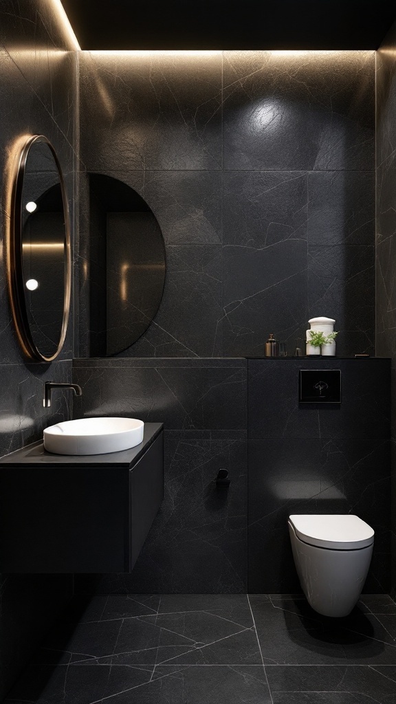 A modern black floor bathroom with textured walls, a round mirror, and stylish fixtures.