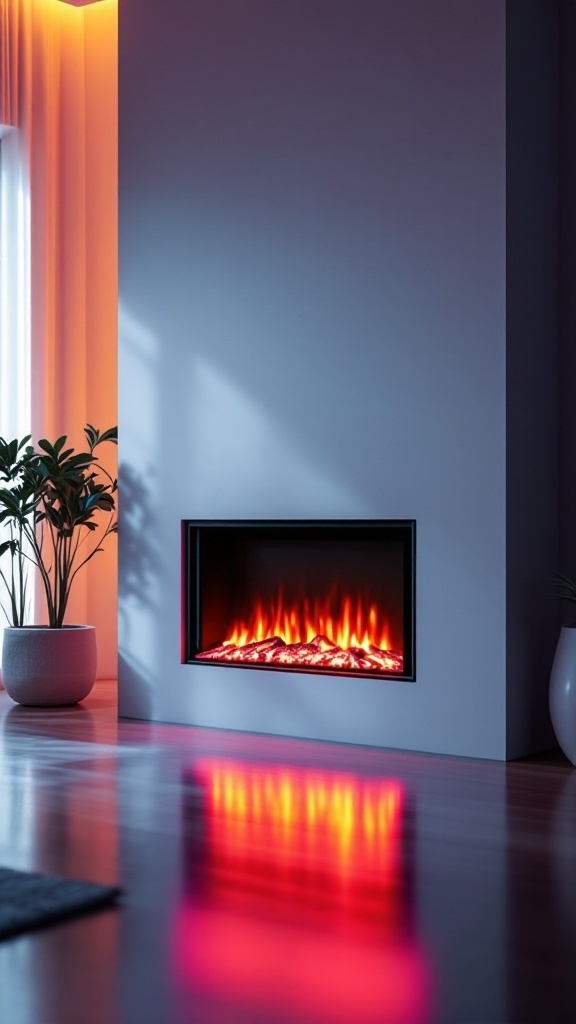 A modern electric fireplace with colorful LED lights, casting a warm glow in a stylish room.