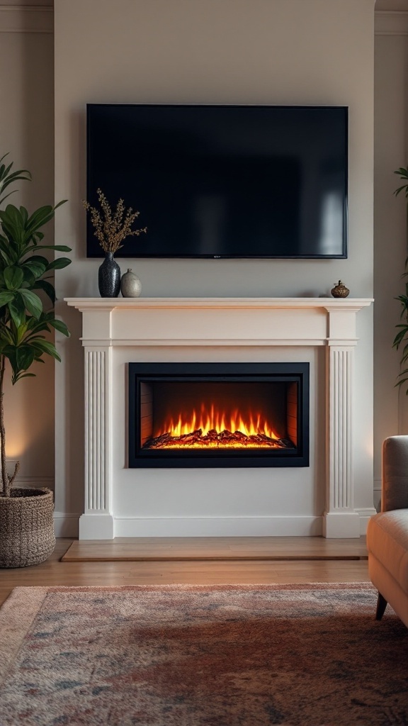 A cozy living room featuring an electric fireplace below a flat-screen TV, with plants and decorative items enhancing the ambiance.