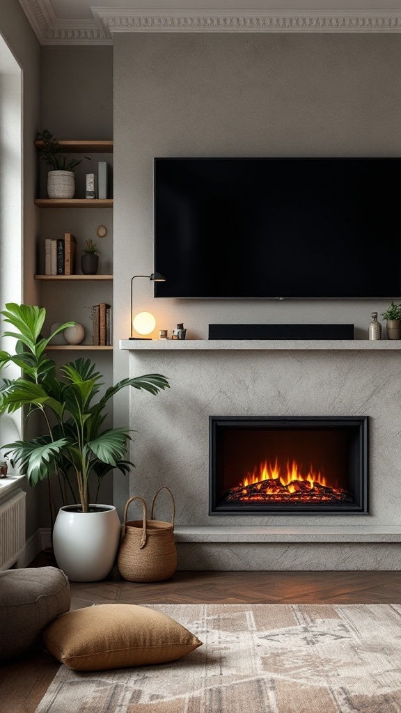 A modern room featuring an electric fireplace beneath a TV, with decorative plants and a cozy atmosphere.