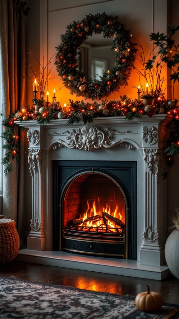 Elegant electric fireplace with a decorative mantel, adorned with a wreath and candles, creating a cozy atmosphere.