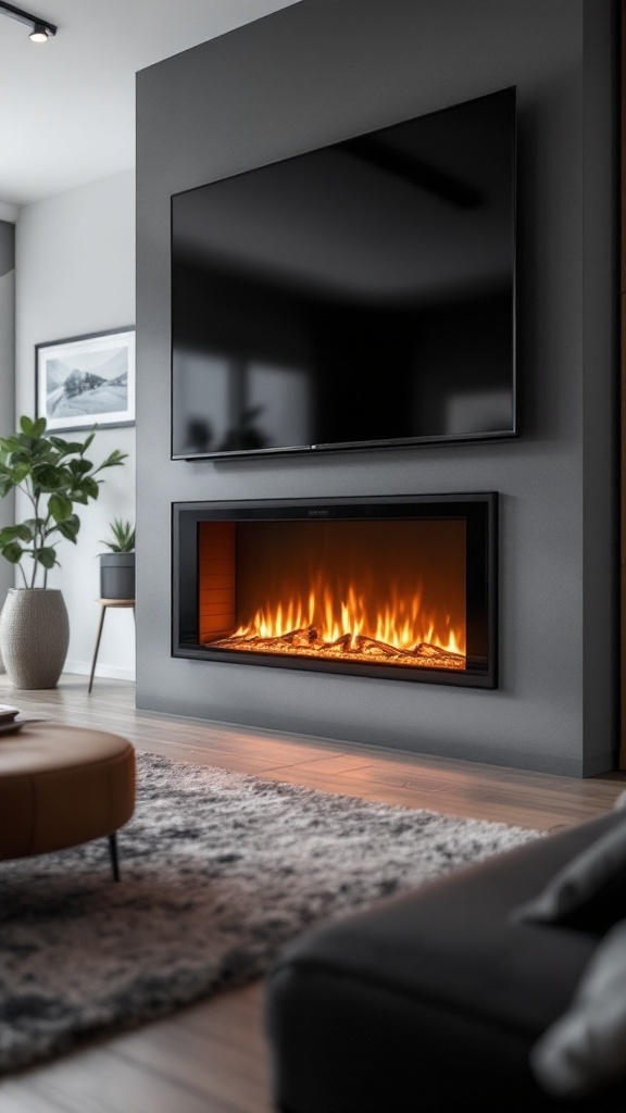 A modern living room featuring an electric fireplace and a television mounted above it.