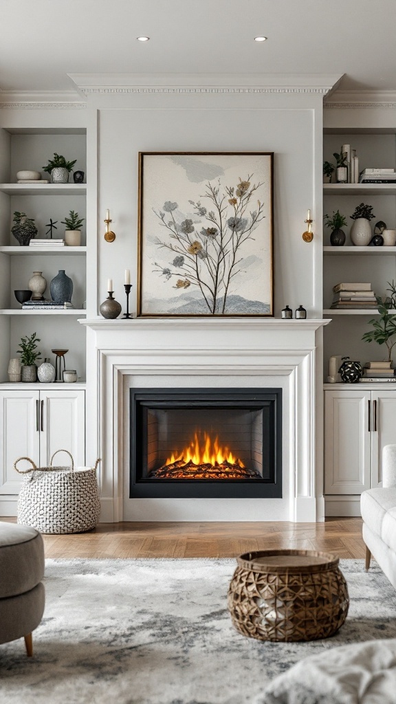 A modern living room featuring a built-in electric fireplace with elegant decor.