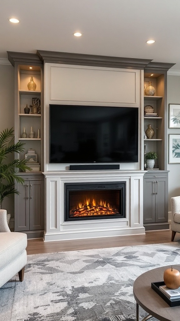 A stylish living room with an electric fireplace, built-in shelves, and a large TV above the fireplace.