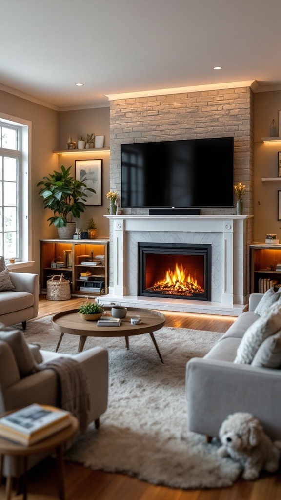 Cozy family room with an electric fireplace and a TV above it, featuring a comfortable seating arrangement and warm lighting.