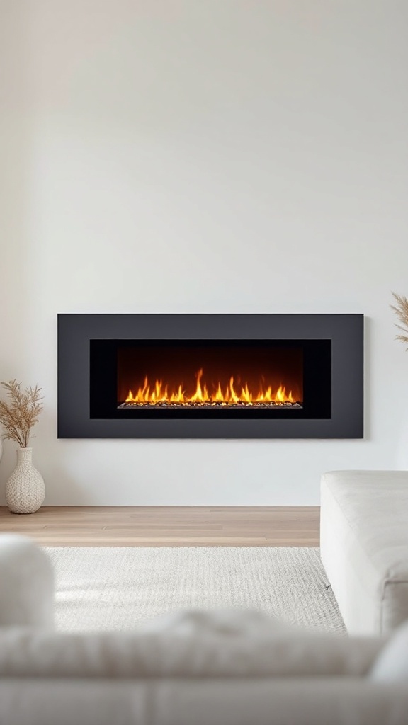 A modern minimalist electric fireplace mounted on a wall with a sleek design, surrounded by light-colored furniture and decor.