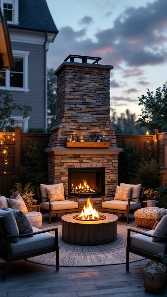 A cozy outdoor setting with an electric fireplace, plush seating, and a circular fire pit surrounded by plants and soft lighting.