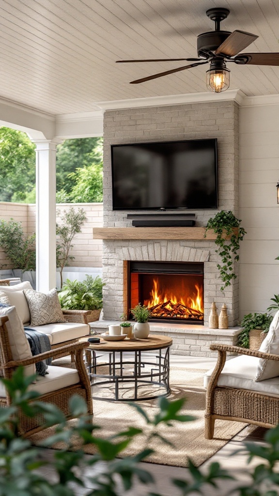 Cozy outdoor living space featuring an electric fireplace and a mounted TV, surrounded by comfortable seating and greenery.