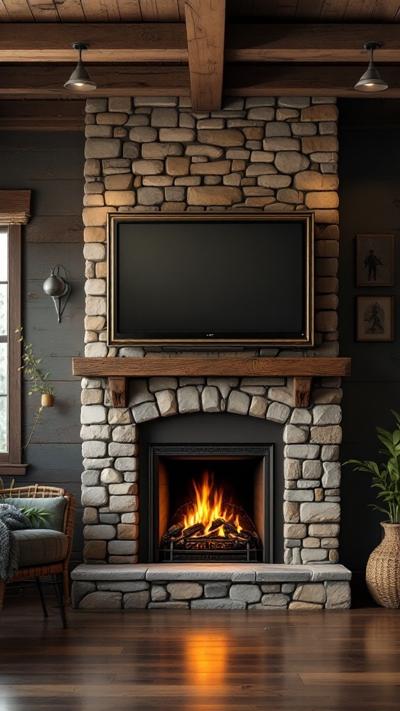 A cozy living area featuring a rustic stone electric fireplace with a TV mounted above it.