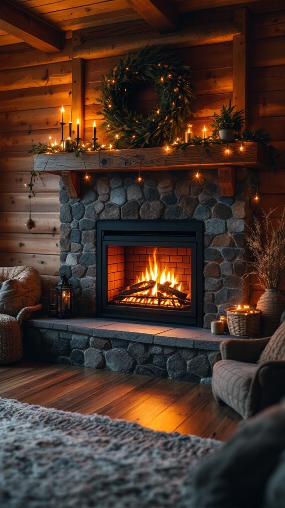 Cozy rustic living room featuring an electric fireplace, wooden accents, and festive decorations.