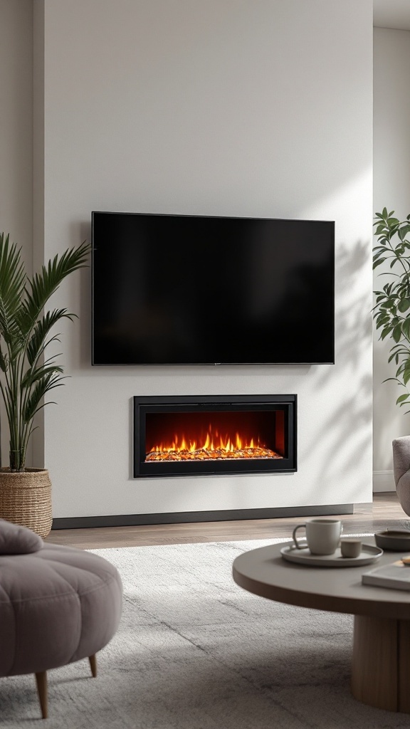 A modern living room featuring a smart electric fireplace beneath a television, with a cozy seating arrangement.