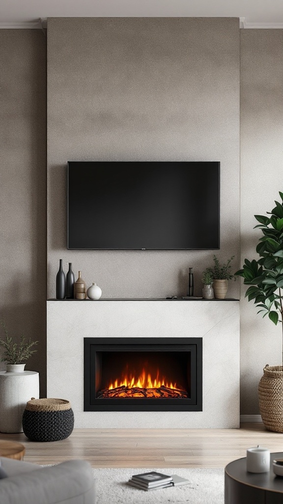 A living room with a textured wall, featuring a TV above an electric fireplace surrounded by decorative items and plants.