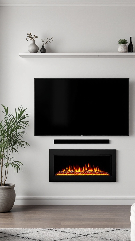 A stylish living room featuring a wall-mounted TV above an electric fireplace, with decorative items on a shelf.