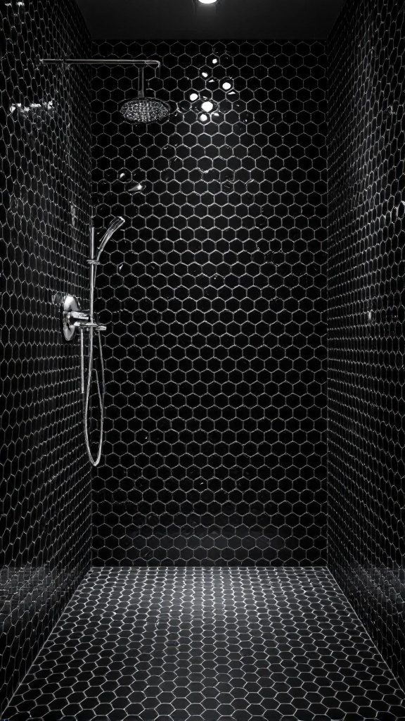 Stylish shower area with black hexagon tiles on walls and floor