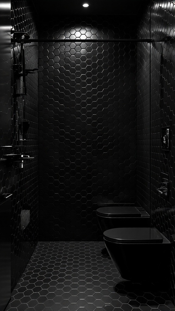 A modern bathroom featuring black hexagon tiles on the walls and floor, with minimalist black fixtures and soft overhead lighting.