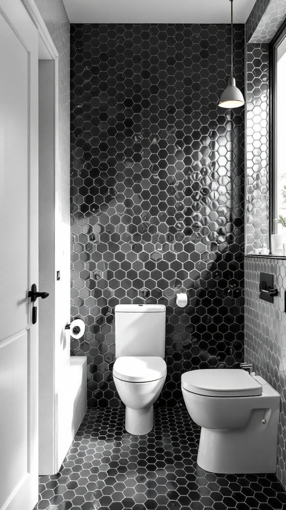 A bathroom featuring black hexagon tiles with white fixtures including a toilet and sink.