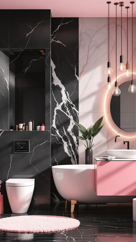 A stylish bathroom featuring pink and black colors, with marble walls, a pink sink, and a white bathtub.