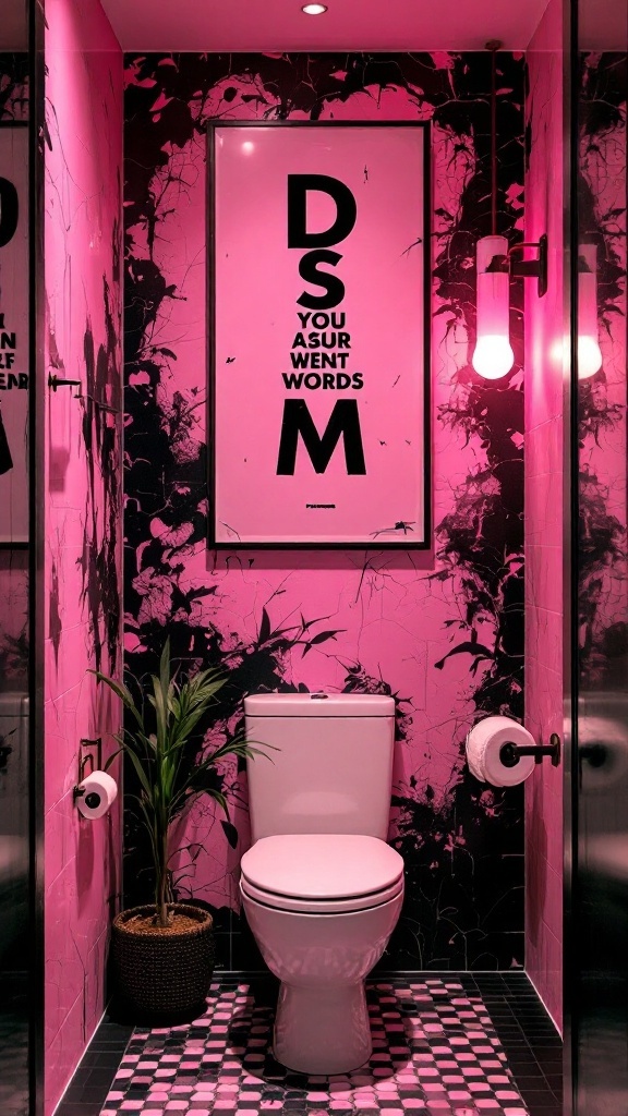 A pink and black bathroom featuring bold artwork and a potted plant.