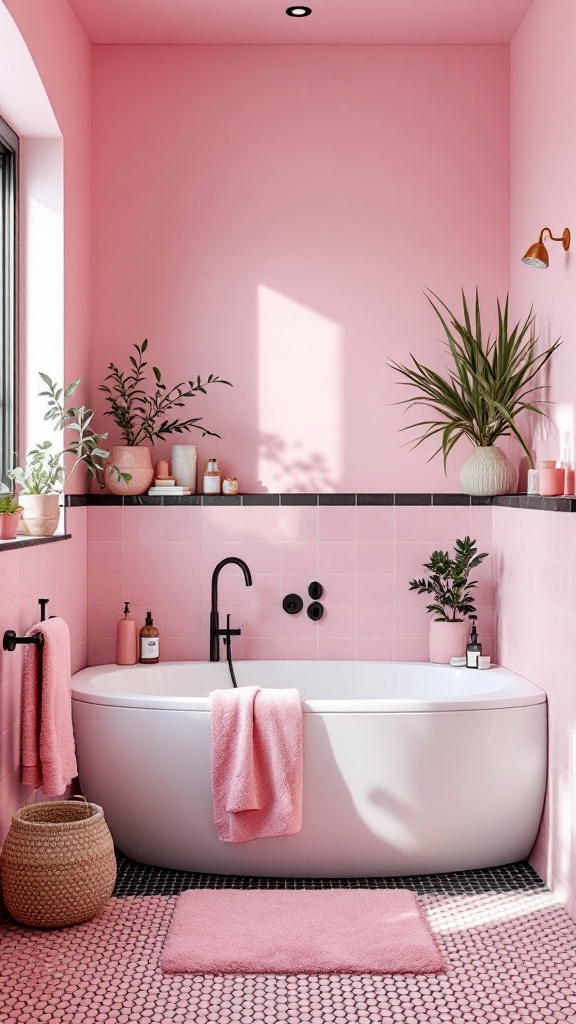 A stylish pink and black bathroom featuring a freestanding bathtub, plants, and chic accessories.