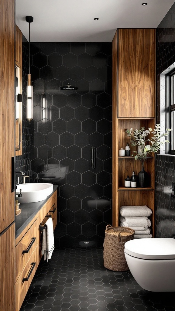 A modern bathroom featuring black hexagon tiles, natural wood accents, and sleek fixtures.