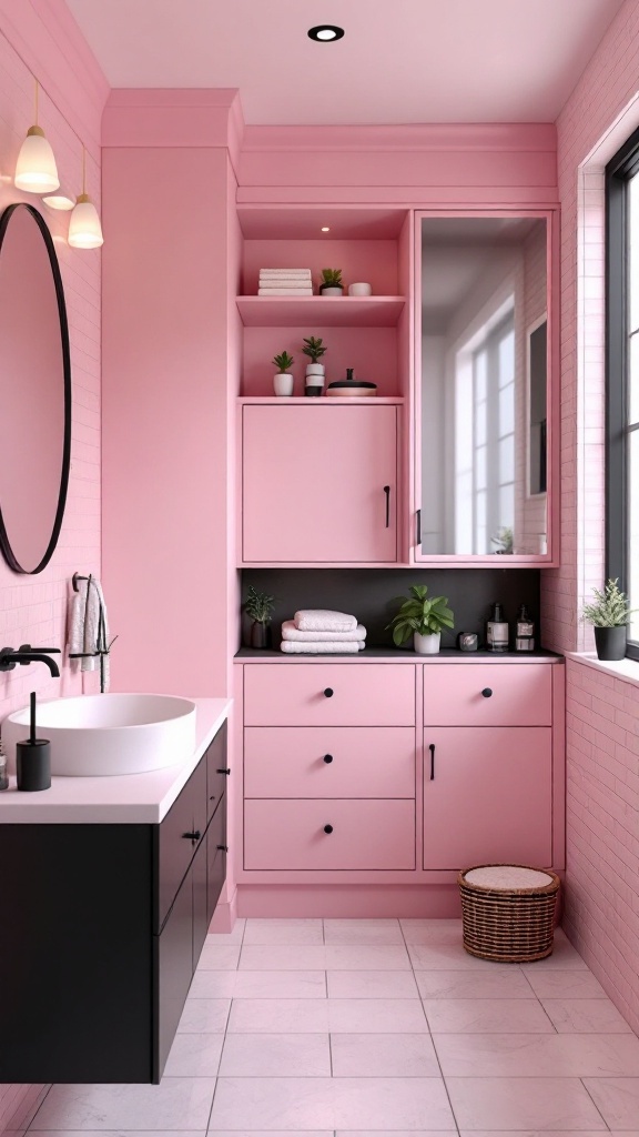 A pink and black bathroom featuring stylish storage solutions, including shelves, cabinets, and a round mirror.