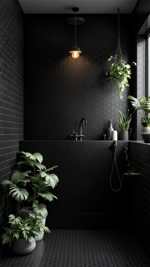 A modern black hexagon tile bathroom featuring various plants, creating a lively and inviting atmosphere.