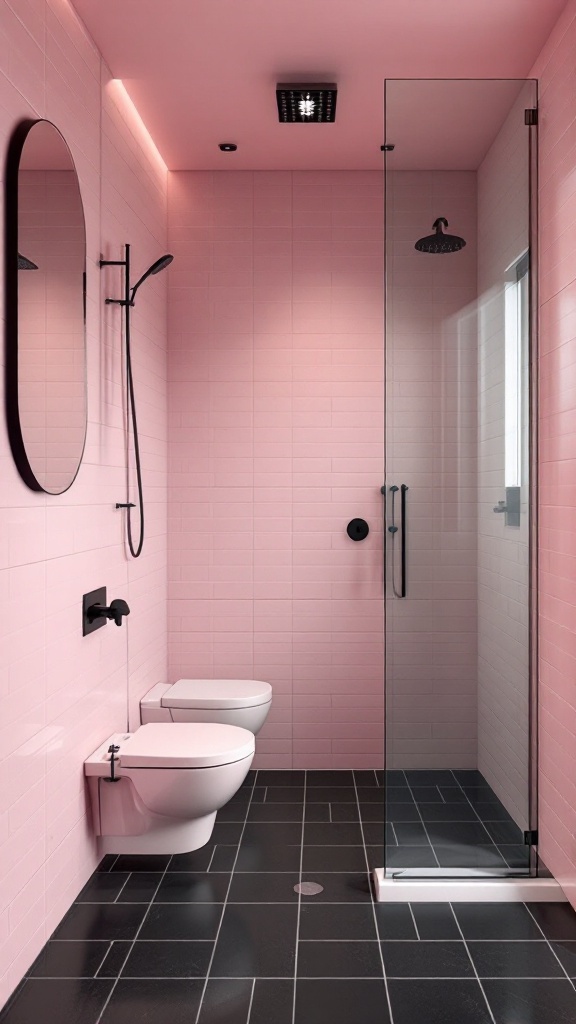 A modern pink and black bathroom with a spacious shower area
