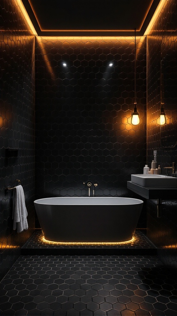 A modern bathroom featuring black hexagon tiles, warm ambient lighting, and a stylish bathtub.