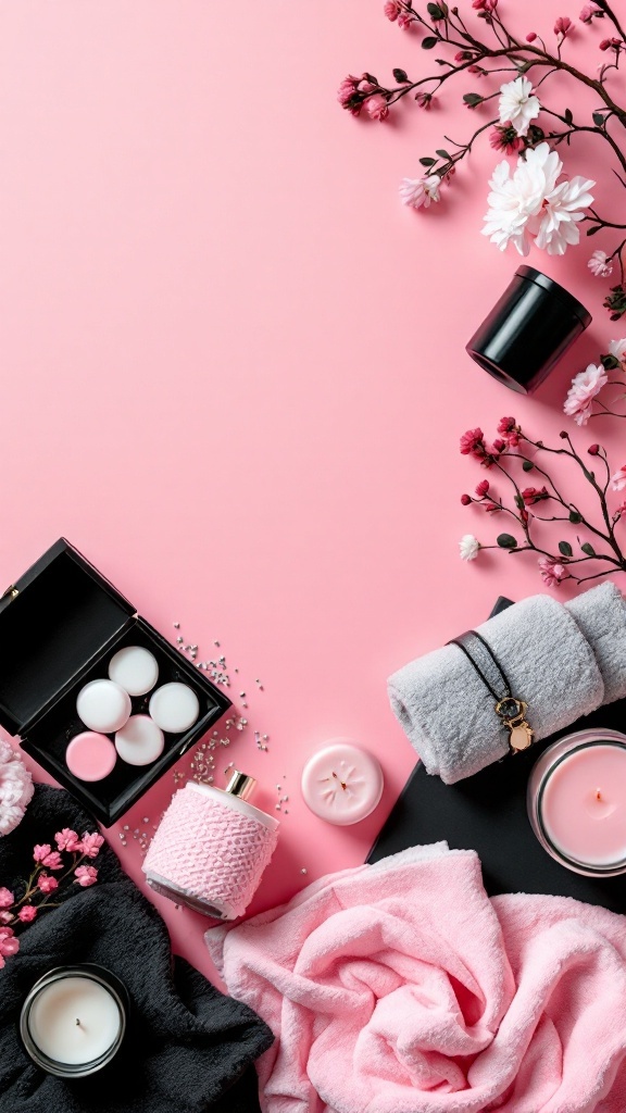 A flat lay of luxurious bath accessories on a pink background, featuring towels, candles, and flowers.