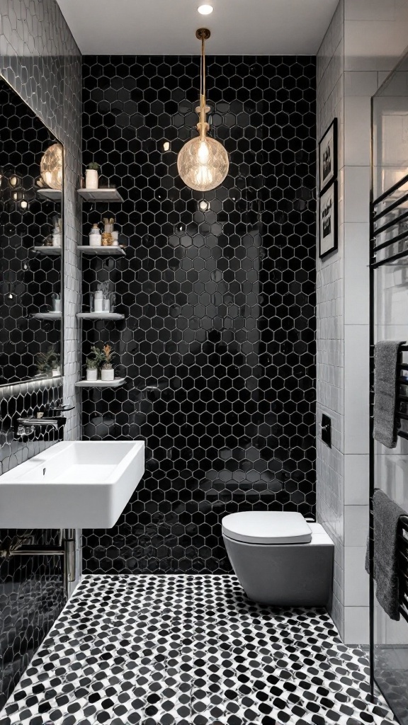 A stylish black hexagon tile bathroom with patterned floor tiles and modern fixtures.