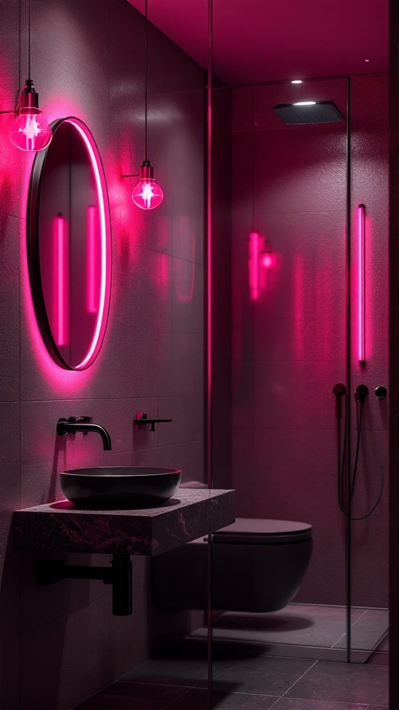 A stylish pink and black bathroom with sophisticated lighting, featuring pendant lights and wall-mounted fixtures.