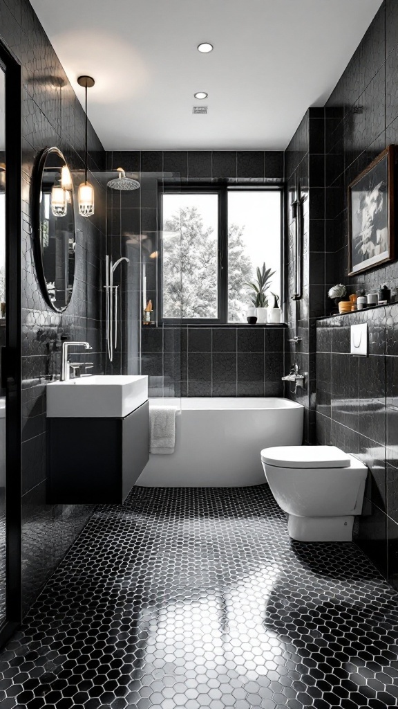 A stylish bathroom featuring black hexagon tiles on the floor, complemented by white fixtures and a modern design.