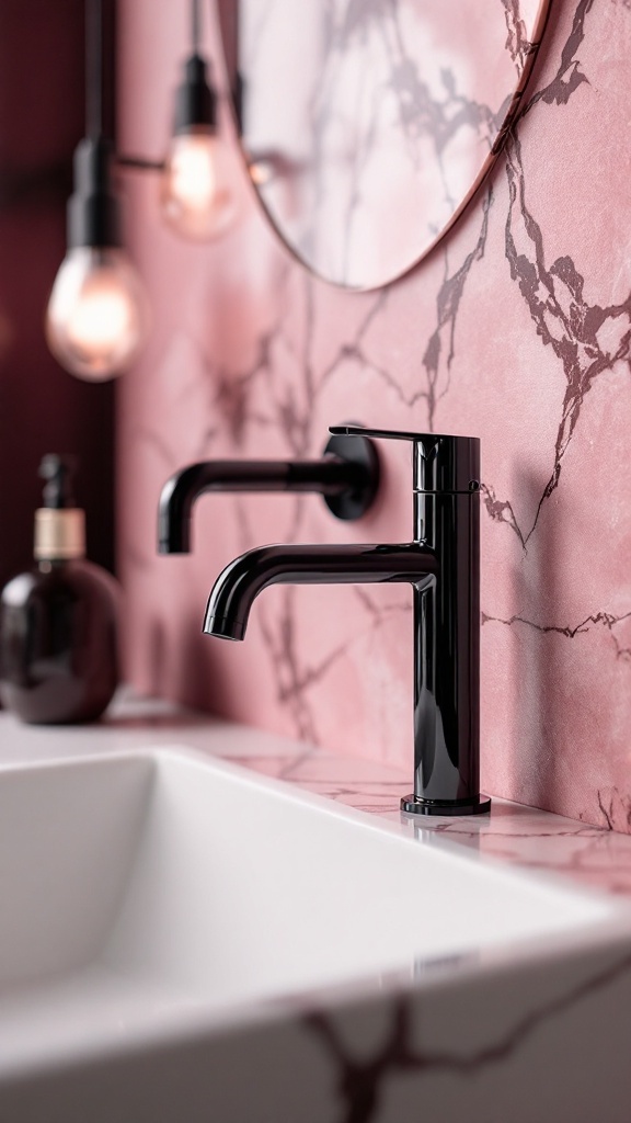 A stylish pink and black bathroom featuring modern black faucets and elegant pendant lighting