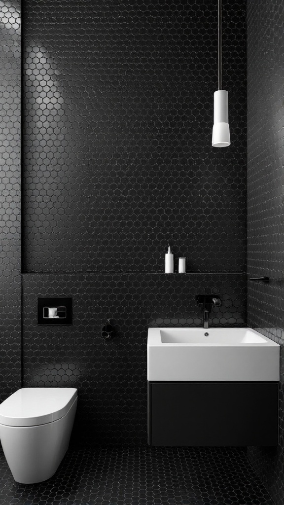 A modern bathroom with textured black hexagon tiles on the walls, featuring a white sink and a pendant light.