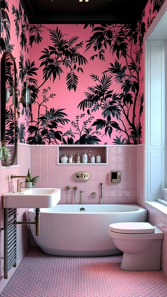 A trendy pink and black bathroom featuring bold botanical patterns on the walls, a white bathtub, and modern fixtures.
