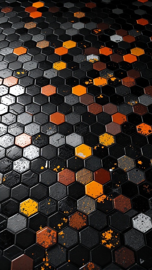 Black hexagon tiles with varying colors including orange, brown and gray.