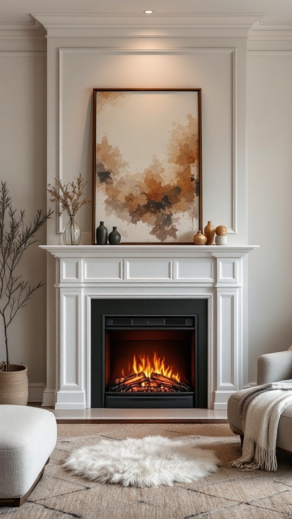 Chic electric fireplace with white mantel, cozy decor elements, and warm artwork above.