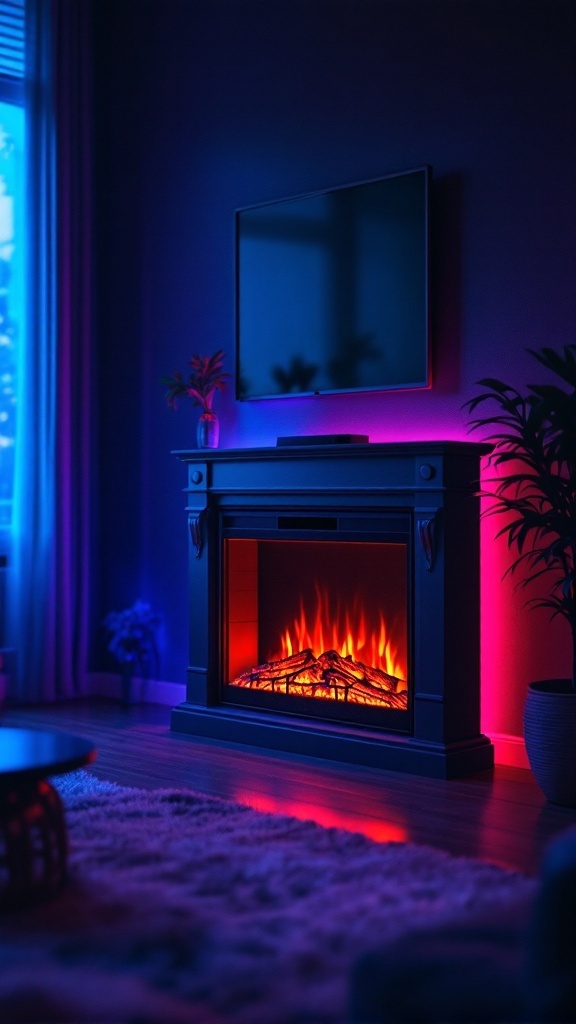 A modern living room featuring a color-changing LED electric fireplace, a wall-mounted TV, and ambient lighting.