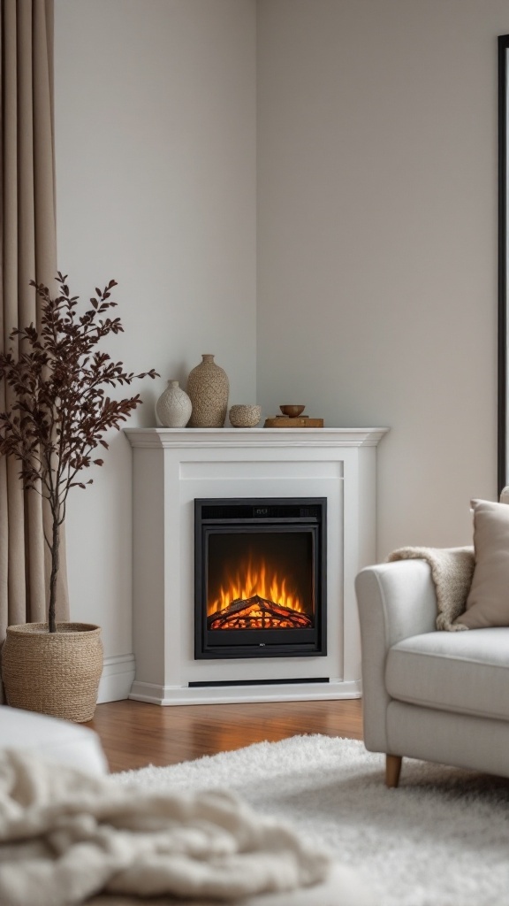 A cozy corner electric fireplace in a modern living room setting
